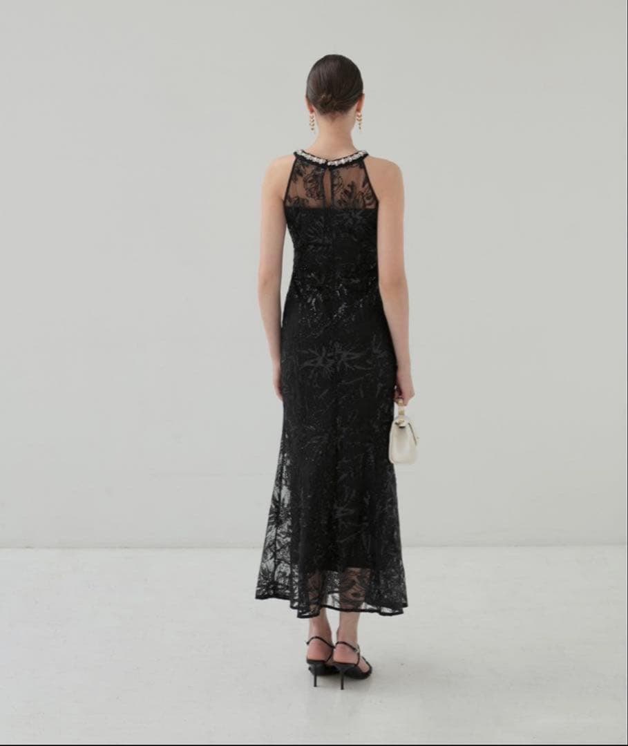 【LEJA LUXE】ビジューホルターネックボタニカルマーメイドドレス