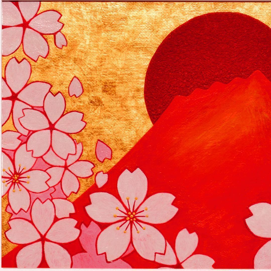 肉筆油絵原画◎『桜と赤富士』●がんどうあつし和洋絵画●純金箔膠日本画富士山