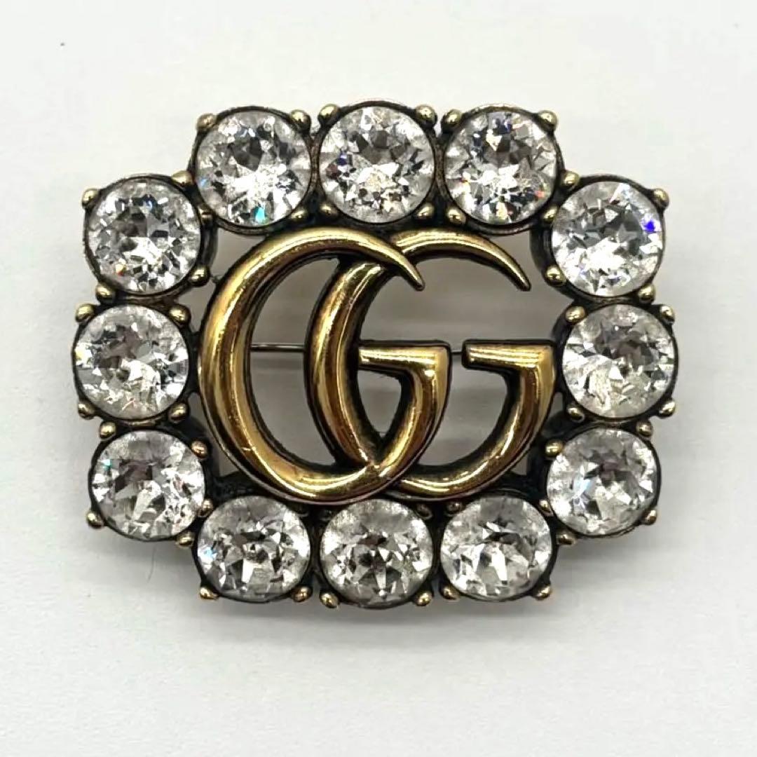 GUCCI グッチ ブローチ ダブルG クリスタル ラインストーン メタル GG