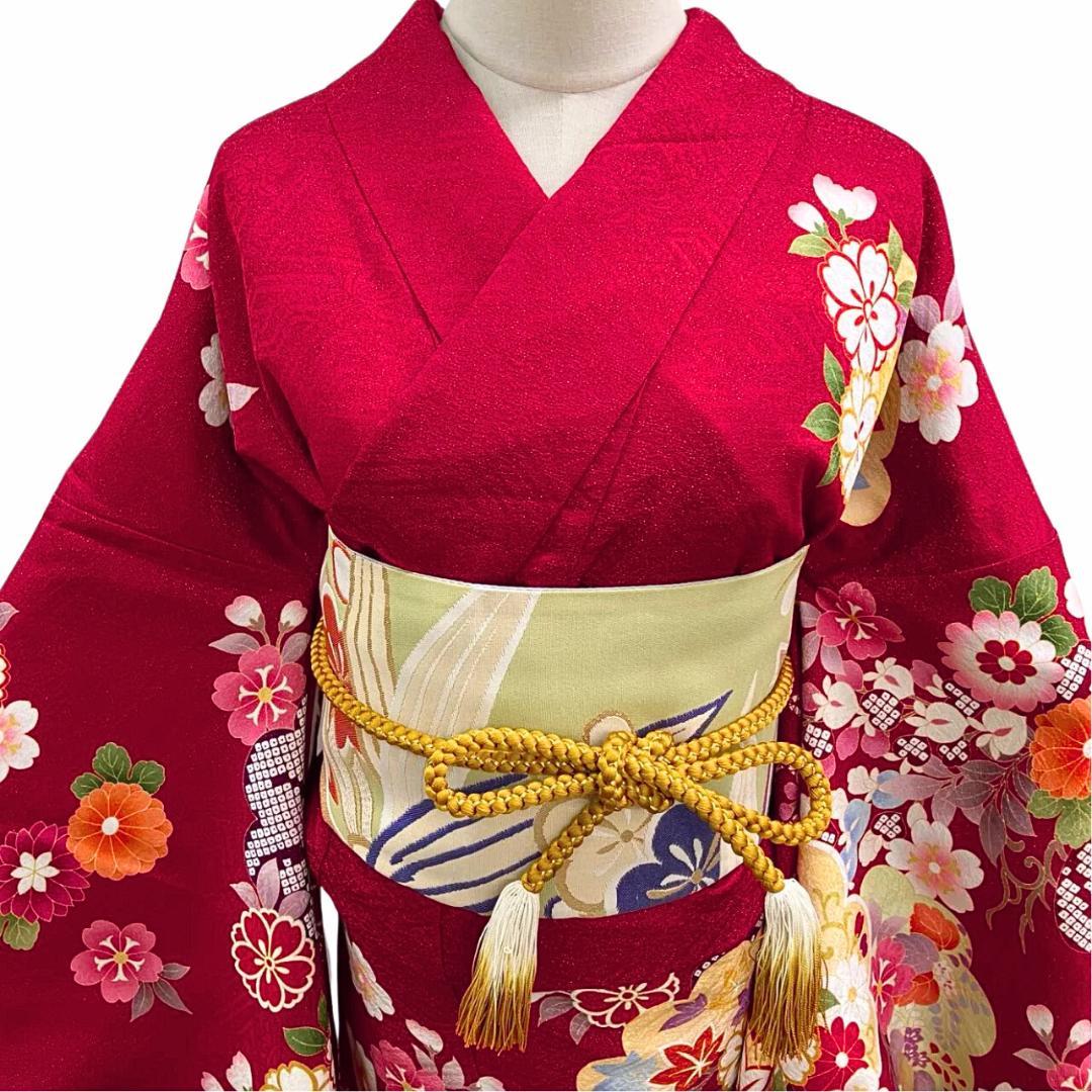 ≪早い者勝ち≫【美品】 振袖 正絹 古典柄 成人式 単品 赤 ラメ 198 ●