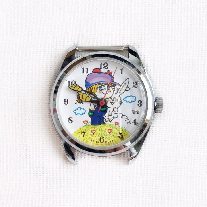 ☆70‘s・80’s ビンテージ　動作ok 水森亜土ちゃんイラスト　手巻き腕時計
