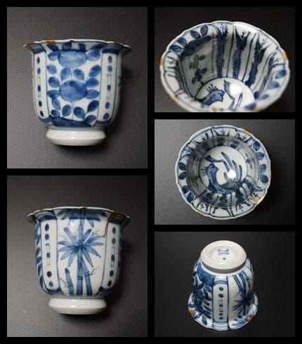 江戸期 古伊万里 染付 向付 在銘 金繋ぎあり 箱付 6客セット