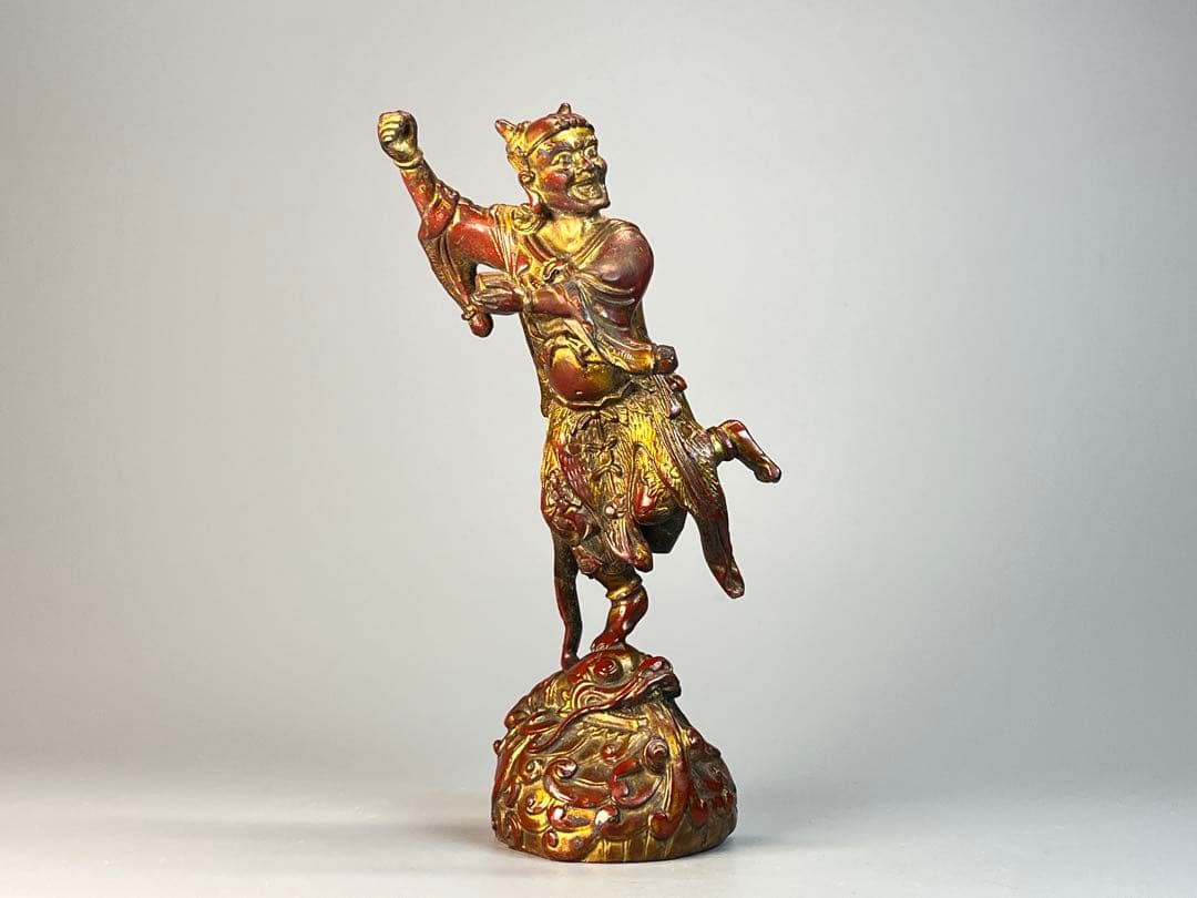 時代物　銅胎　漆器　朱漆金箔　魁星点斗 独立鰲頭（学業有成）置物　縁起物　中国