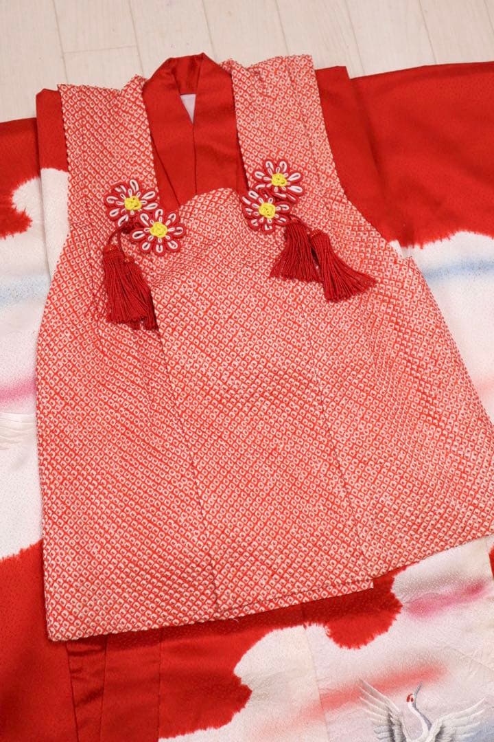 美品　正絹　総絞り　鶴　七五三　３歳　被布　セット　刺繍　産着