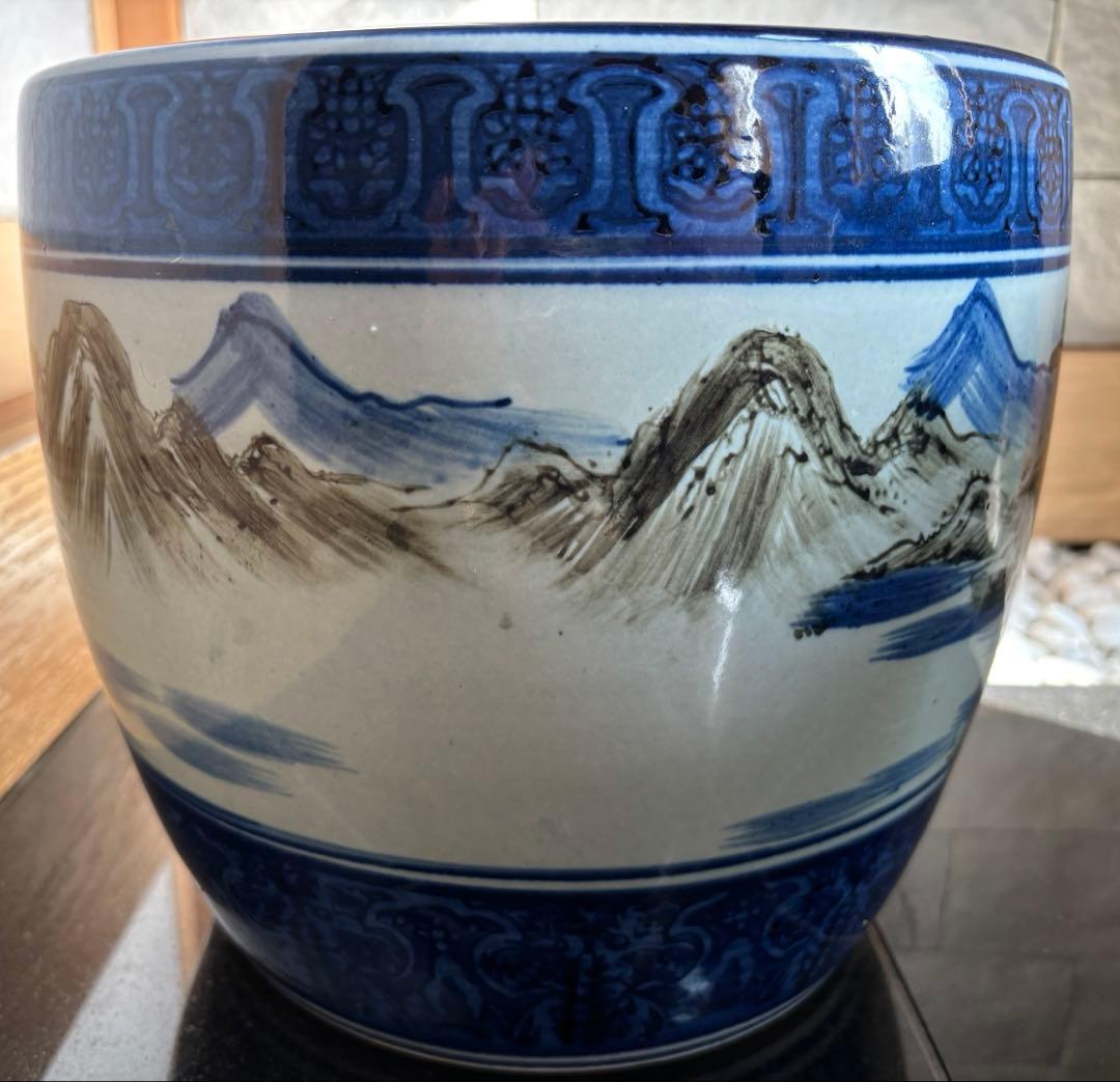 たちばな焼 火鉢 一対 染付 山水文様 昭和レトロ 陶器 メダカ 2個