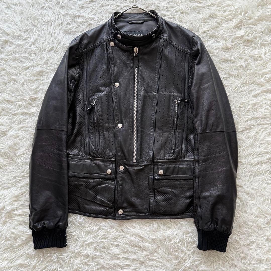【グッチ】トムフォード期　レザージャケット　黒　48 パンチングレザー