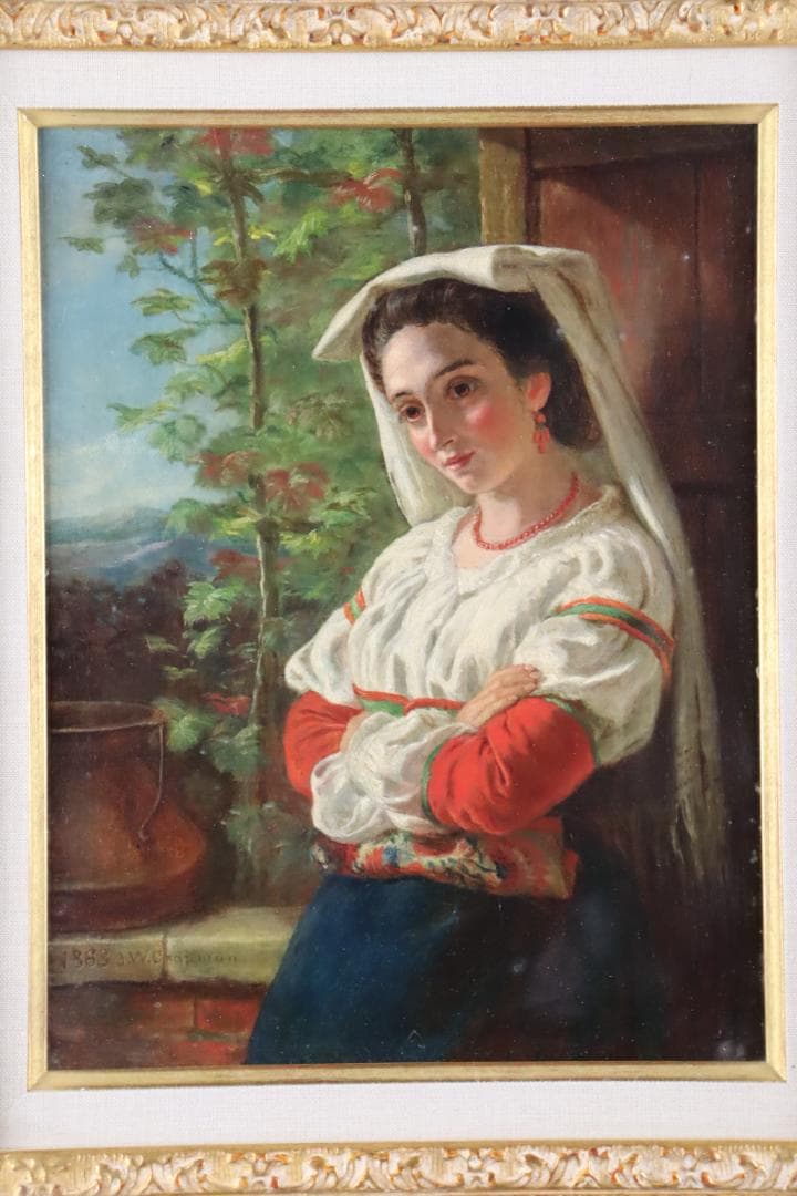 真作保証 19世紀古画 J.W. Chapman 「婦人像」油彩4号 1888年