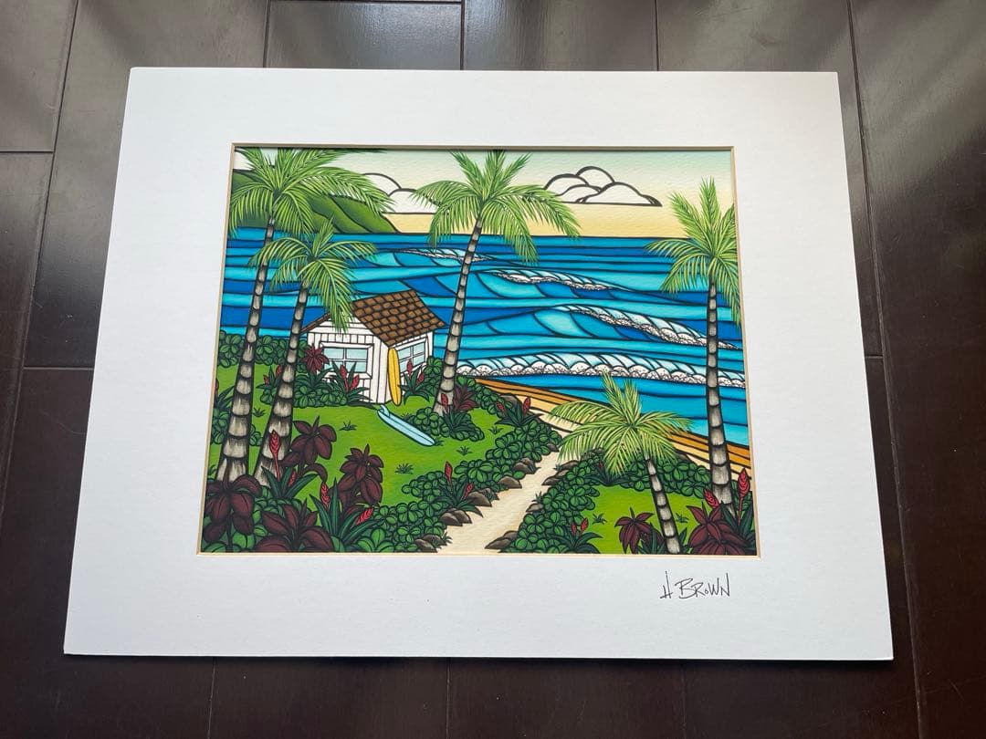 【専用】ハワイ　直筆あり　ヘザーブラウン　ビーチ風景 絵画 ALOHA額付き