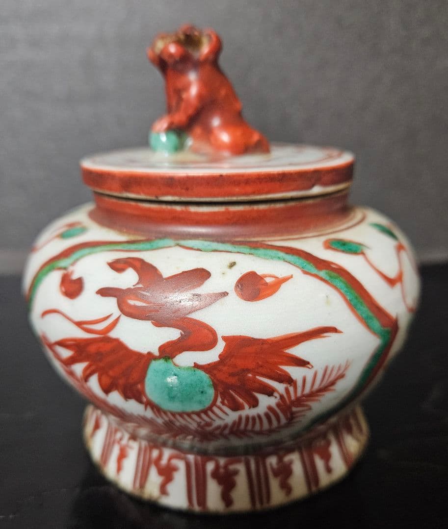 【本物保証❗】中国古陶磁　明朝明代　古赤絵　天啓赤絵　獅子摘　花に鳳凰の図　香炉