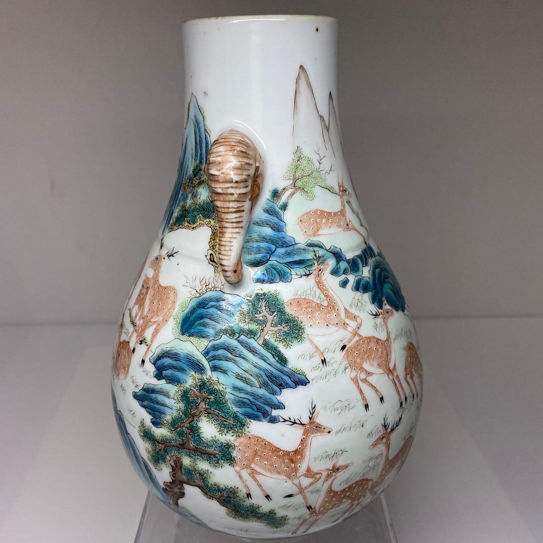 専用　中国清時代大清乾隆年製粉彩鹿の図花瓶　高さ21.3㎝東Y7-0314☆2F