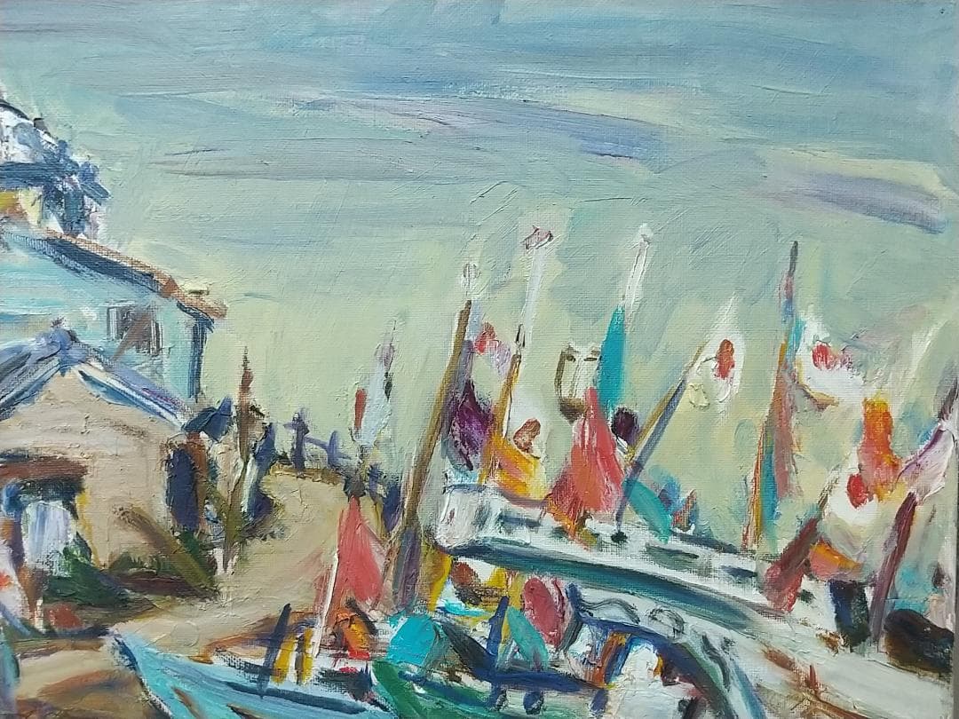 「正月の漁村」川津浜 F8 油絵 絵画 油彩画 日本 日の丸 国旗