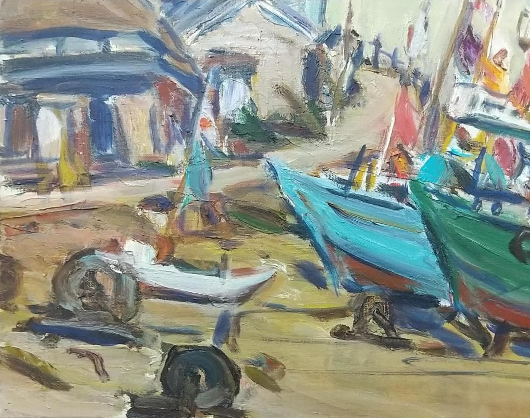 「正月の漁村」川津浜 F8 油絵 絵画 油彩画 日本 日の丸 国旗