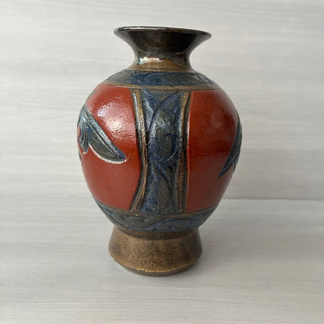 壺屋焼　小橋川清正　赤絵　魚紋　花瓶　沖縄　花器　インテリア　壺　工芸品