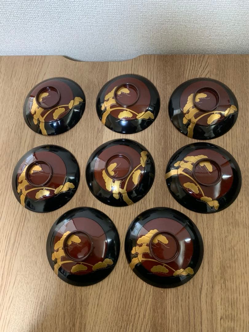 輪島塗　木製漆塗吸物椀8客　見返し蒔絵　汁椀　時代物　松　鶴　お正月　未使用品