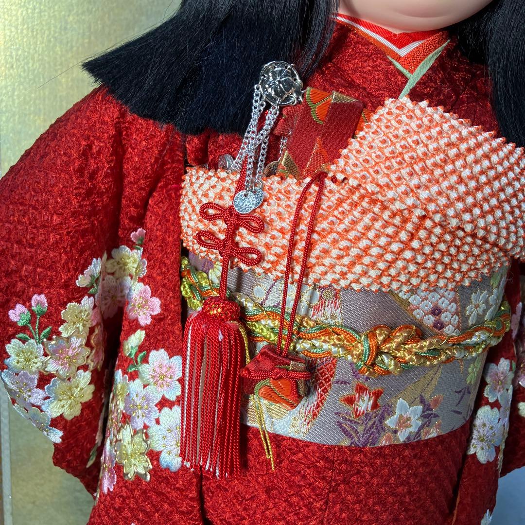 市松人形 ガラスケース入り 赤地桜着物 銘札あり