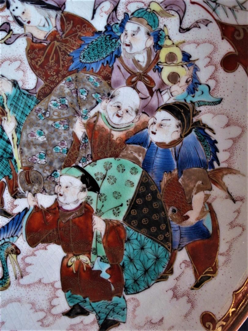 大幅値下‼️明治九谷『色絵金襴手 唐獅子牡丹に七福神図 大皿』 里帰り品 径34㎝