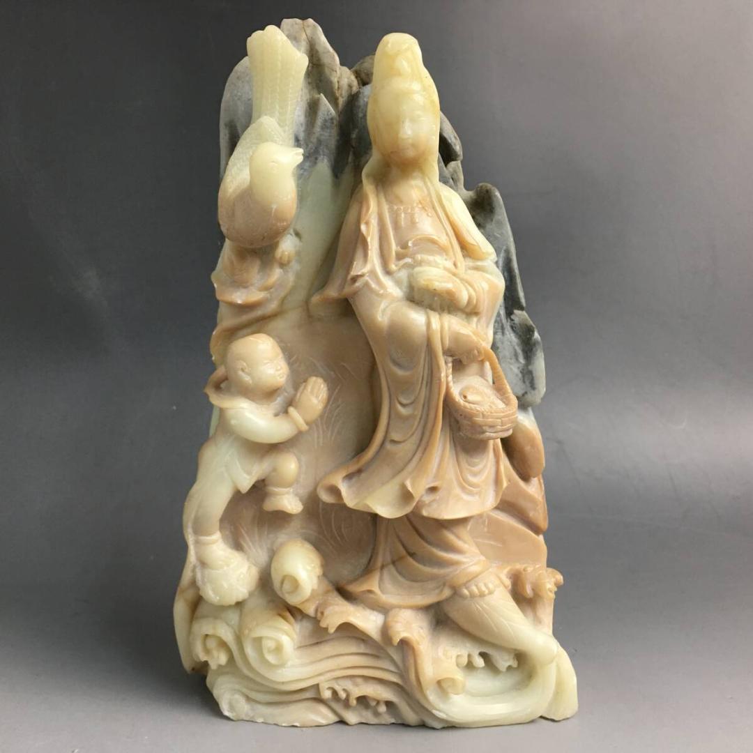 中国美術 唐物 寿山石 観音菩薩立像 童子 鳥 置物 約1.3kg