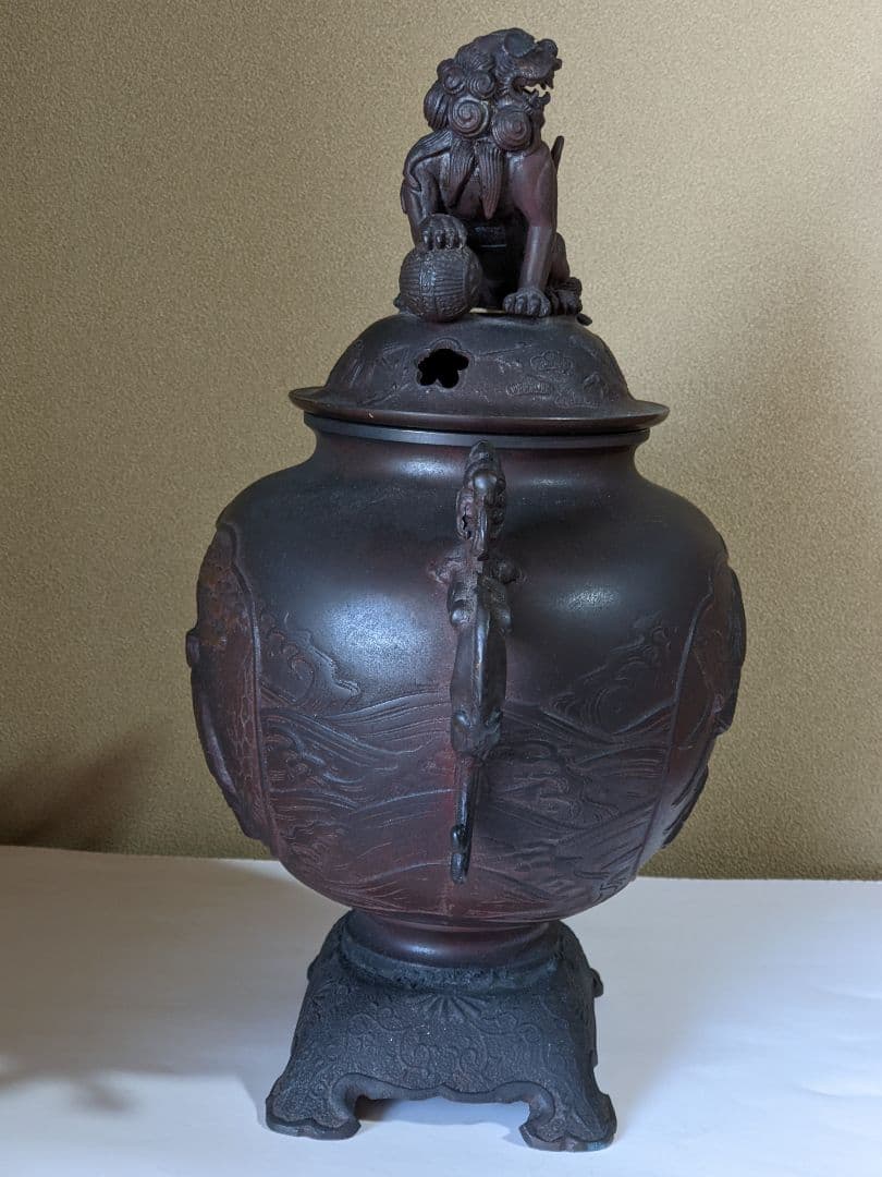 ♦高岡銅器 啓祐作 獅子飾り 鳳凰文 龍双耳 大香炉 唐銅 置物飾り 骨董品