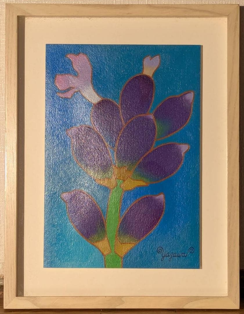 【真作】絵画　谷沢邦彦　アクリル画　紫薫るⅠ　ブルーに映える紫の花　Y167