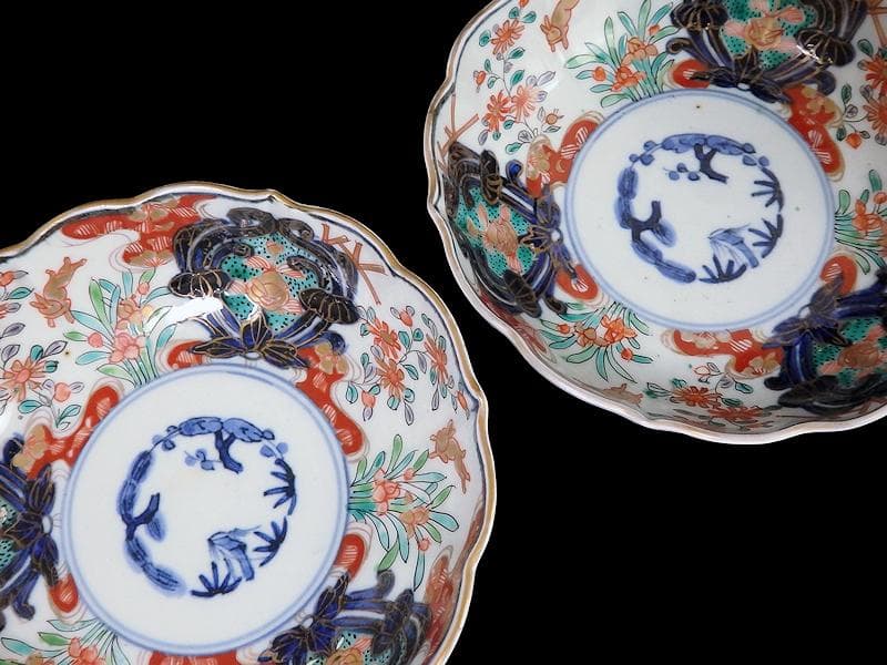 古伊万里　金襴手　兎に花の図　膾皿　２客　B338AS-CVa