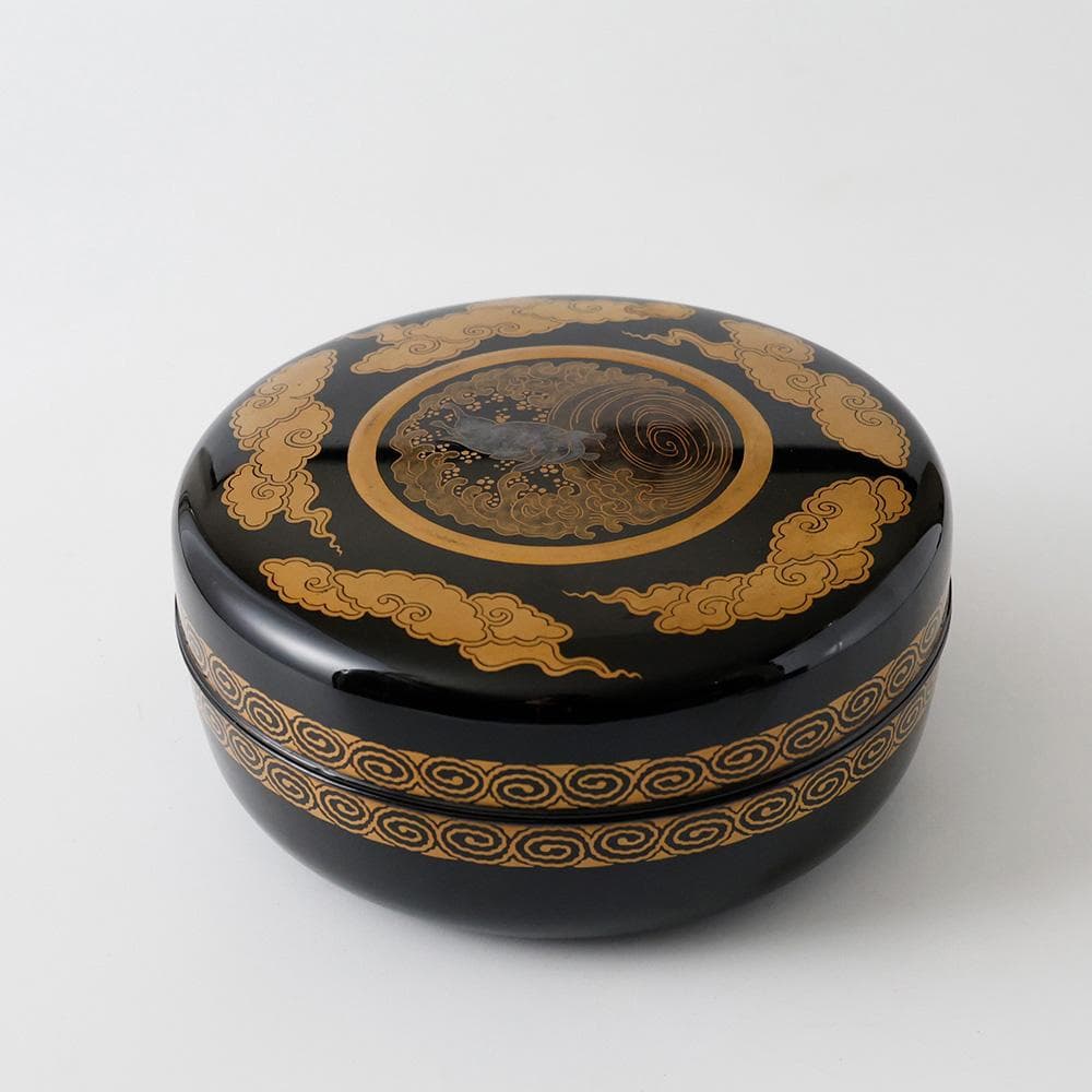 時代年代物 輪島塗 黒塗 金蒔絵 喰籠 浪に兎紋 茶道具 懐石 黄布 合箱