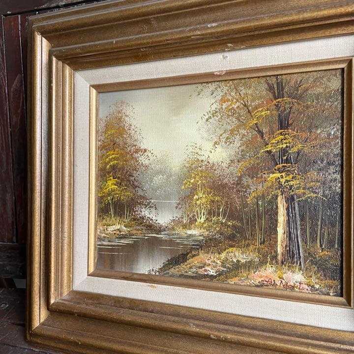 アンティーク絵画　油彩　アメリカ　森林と川　風景画　Antique　ヴィンテージ