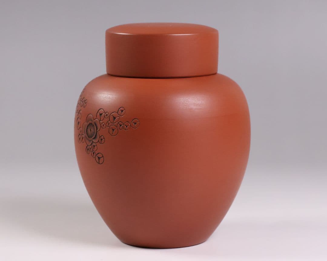 煎茶道具 陶元 常滑焼 朱泥 茶壺 梅彫紋 扇面寿 茶壷 茶入 陶芸 MB21