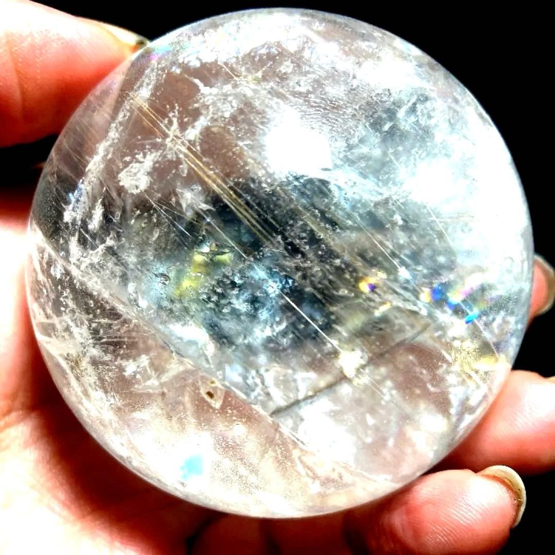 58mm 虹入りゴールドルチルクォーツ　丸玉　スフィア　金針水晶
