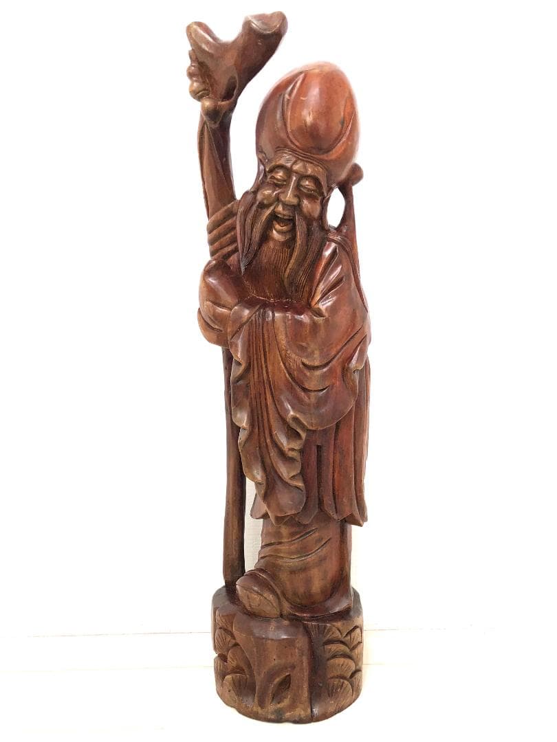 【骨董】特大 高さ106㎝ 福禄寿 木彫り 一刀彫り 高級 紫檀 置物 縁起物