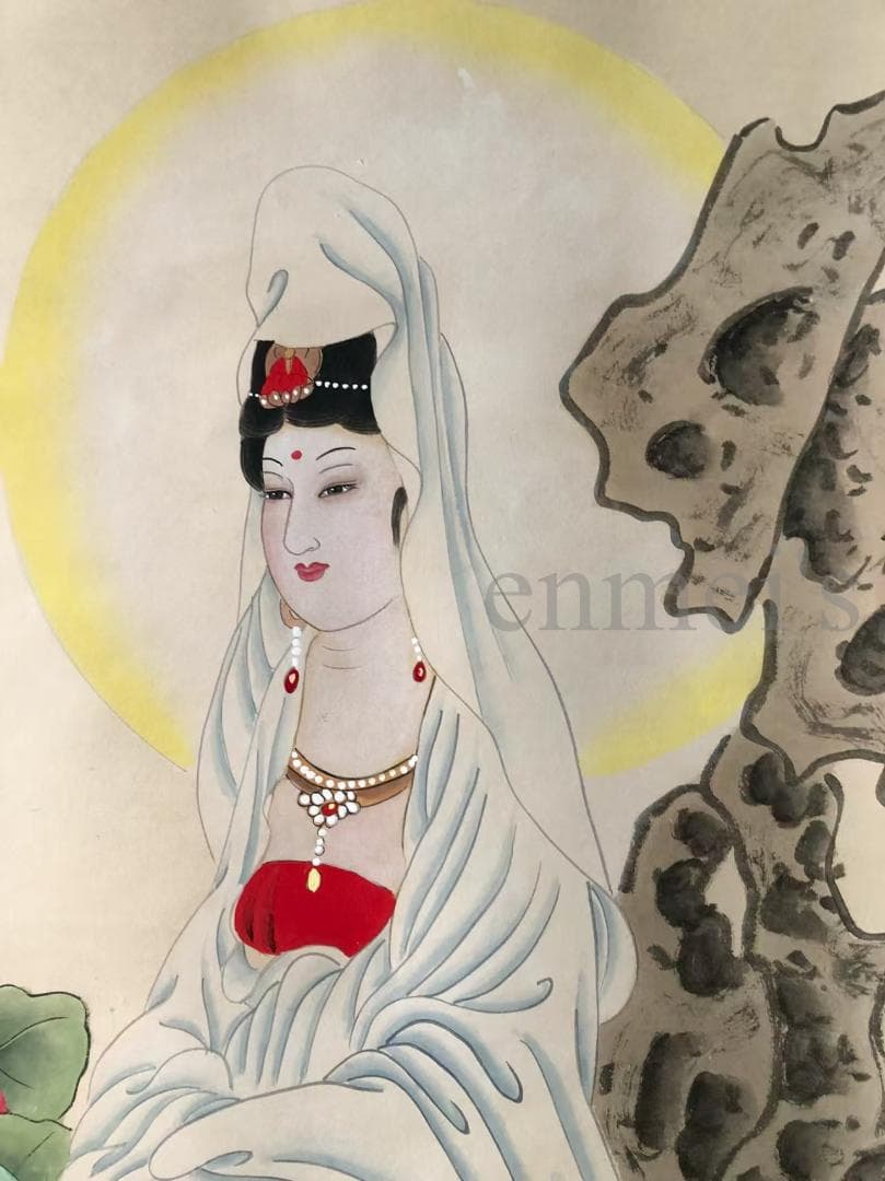 中国古美術・純手描き四尺人物観音菩薩掛軸・蓮の花・国画・張大千印款・珍品画・肉筆