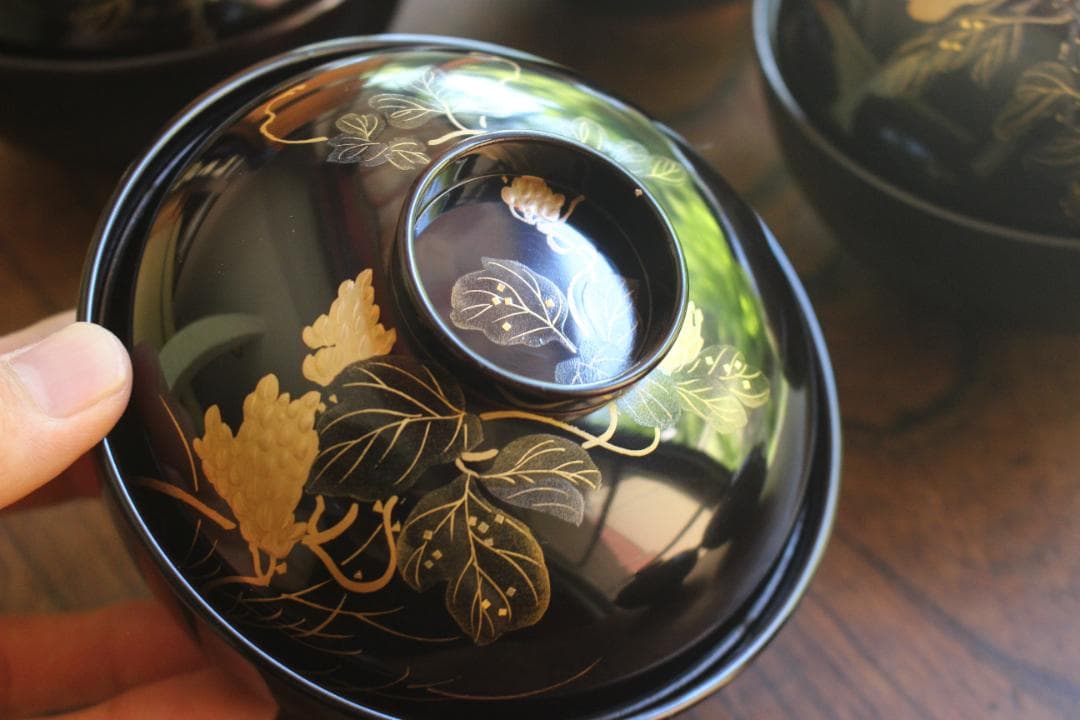 ばら売り可！上質黒漆に極上絵替草花蒔絵のお椀6点（検輪島塗蒔絵椀懐石椀