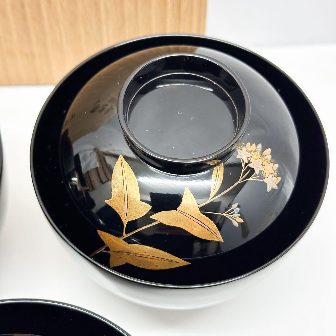 未使用 輪島塗 最高峰 慶塚作 吸物椀 5客セット 草花絵替蒔絵 共箱付