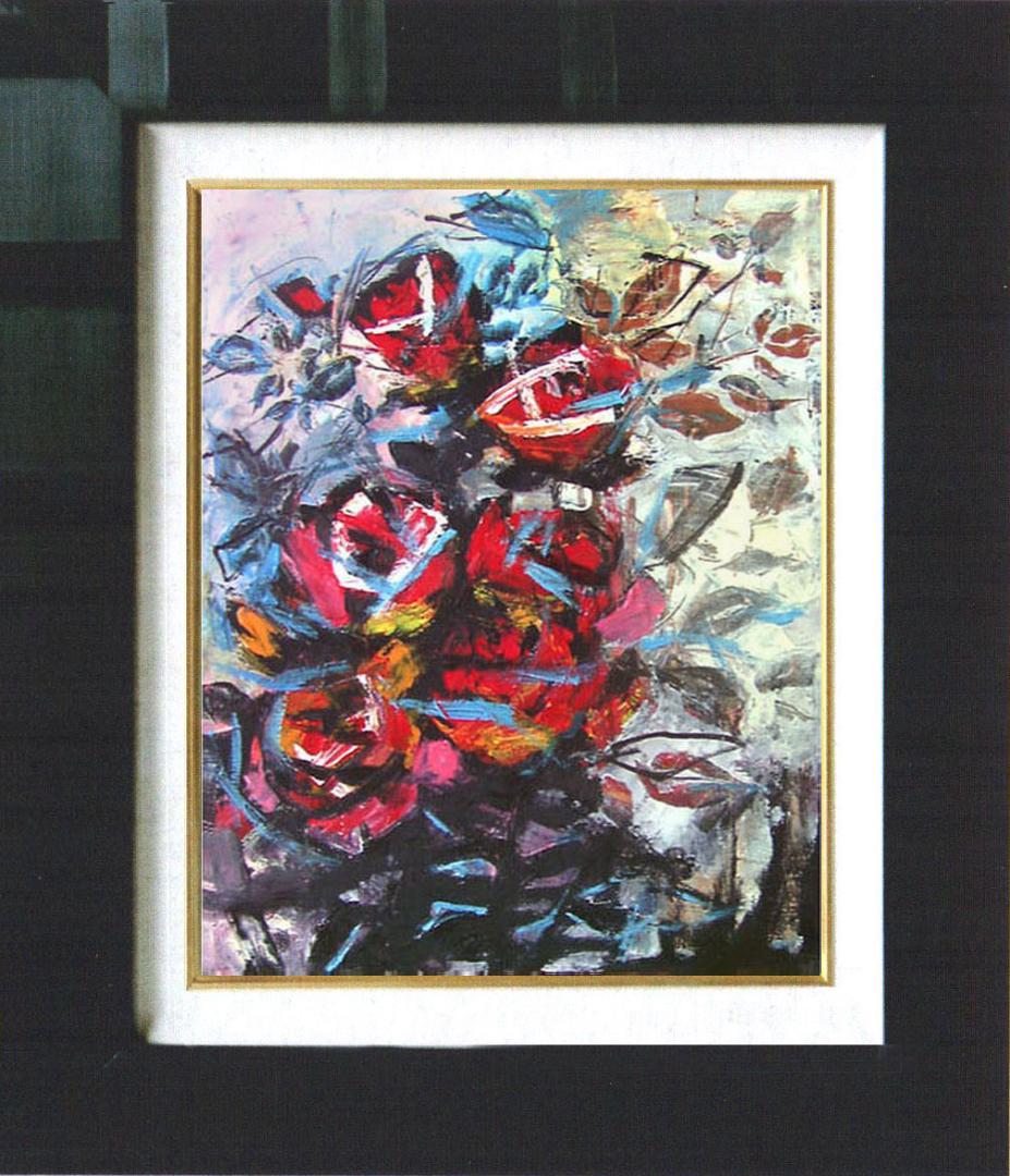 油絵 菅家令子 絵 絵画インテリア額付(青緑＋金色の枠)uF6-050303ばら