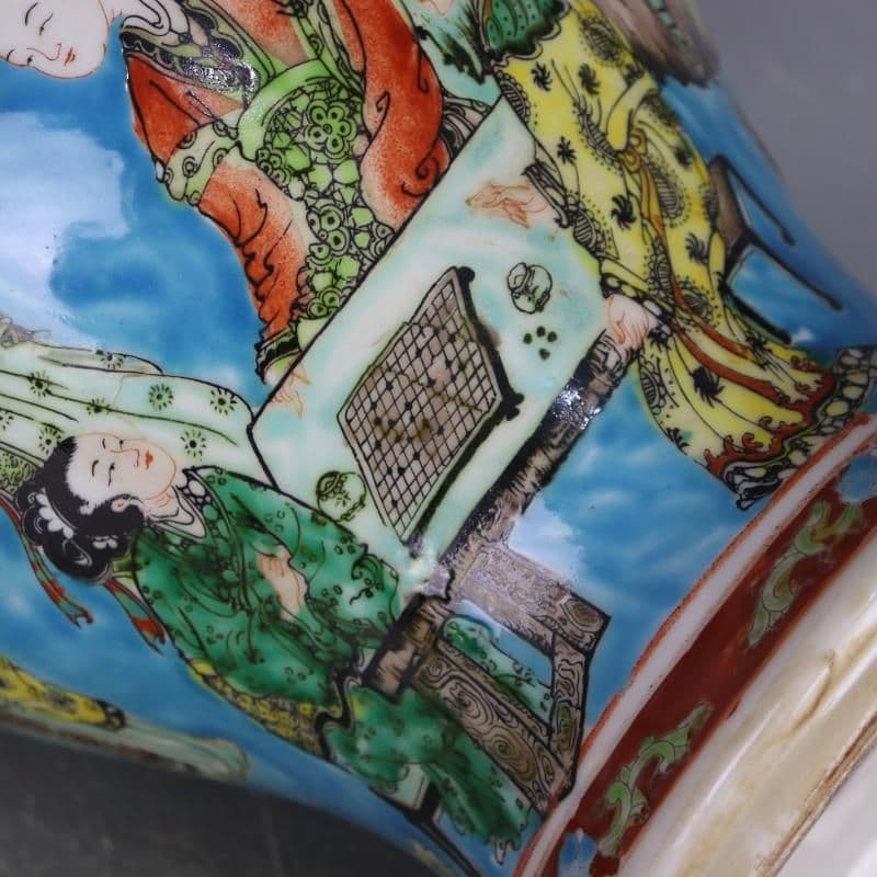 康熙藍地パステル人物将軍缶  景徳鎮 陶磁器 装飾品 現代工芸品 美術品 置物