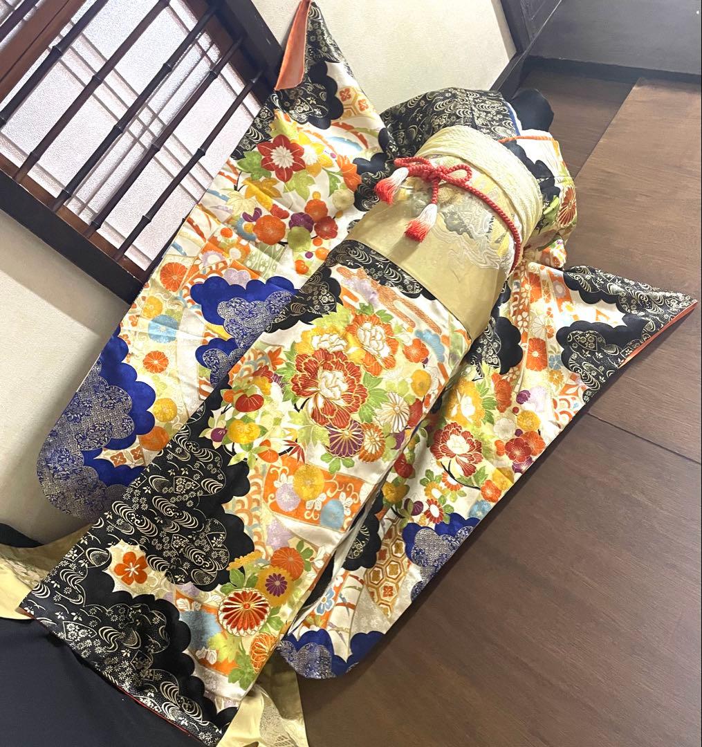 振袖フルセット6点M〜Lサイズ駒刺繍　雲取り金箔　正絹　売り切り終了