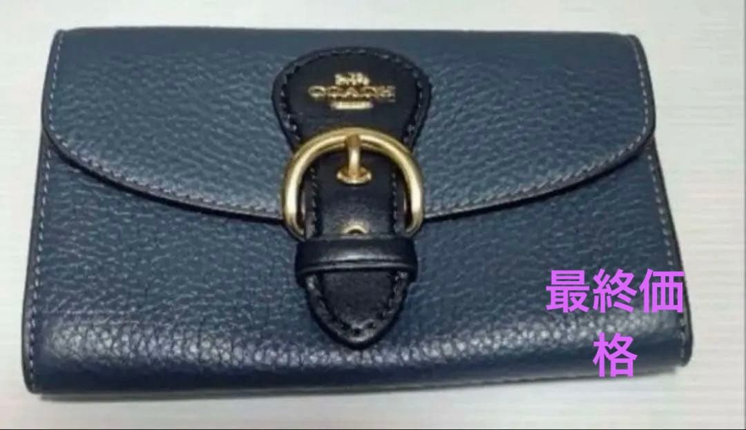 COACH コーチ 二つ折り財布 ネイビー レザー 金具