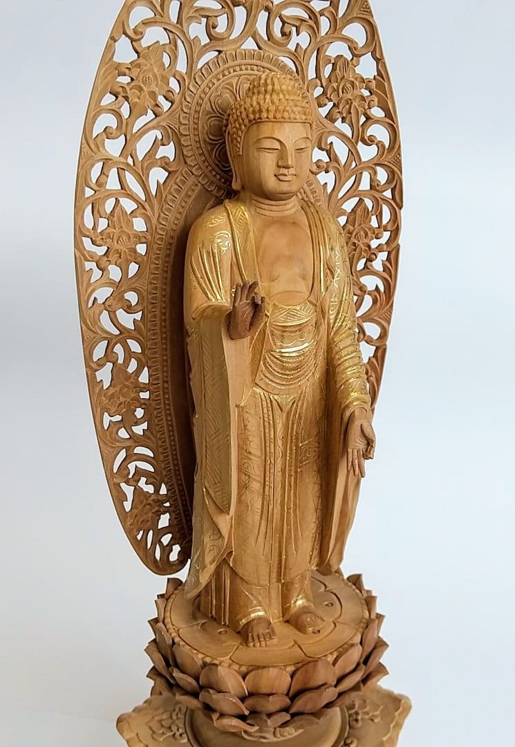 阿弥陀如来立像 5寸 #659+#557 円台座 宝相華唐草 ◆白檀 木彫 仏像