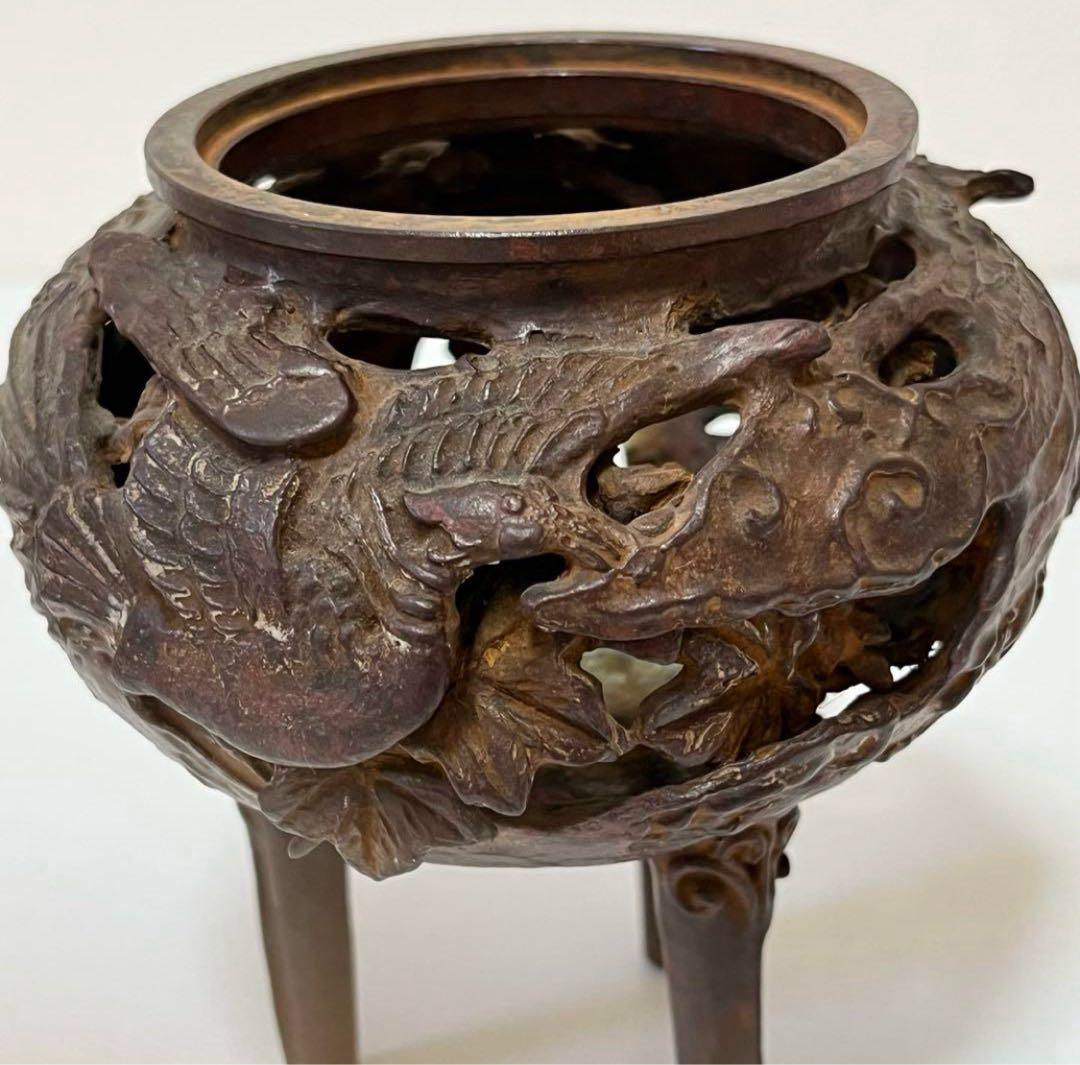 骨董　昭和　ビンテージ　レトロ　高岡銅器　透し鳳凰　香炉　縁起物　風水　厄除け