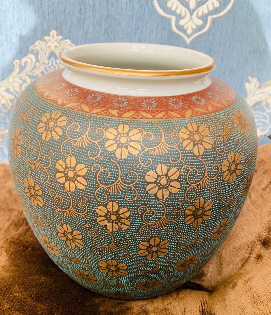 九谷焼　青粒　花瓶 木箱付き