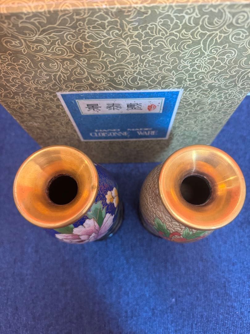 1571  景泰藍　花瓶2客　花台2客付き　骨董　時代物