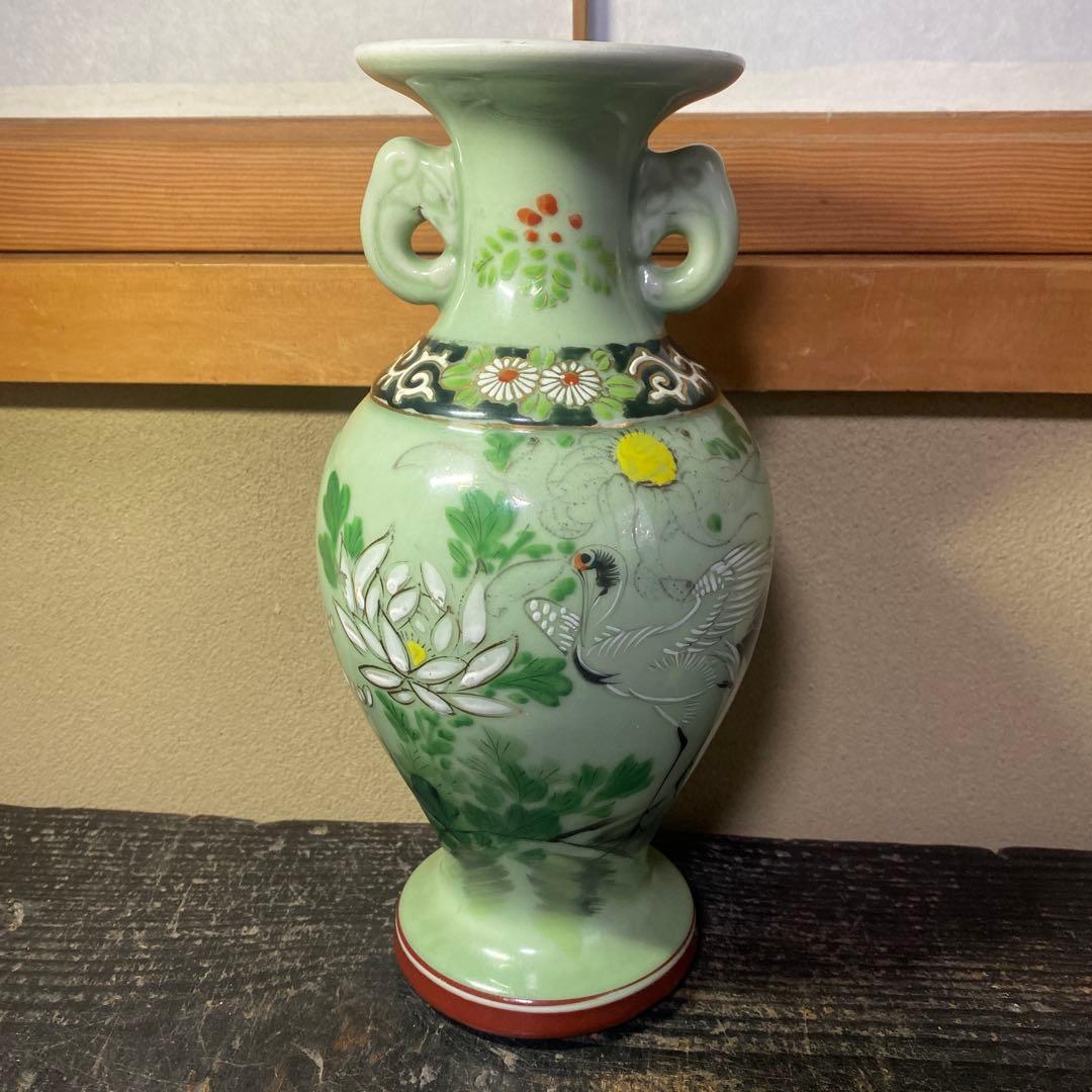 龍耳付色絵青磁花瓶　【作名有】