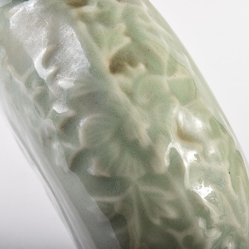 中国　龍泉窯　青磁　陽刻　龍鳳凰花文　扁壷　V　R7826