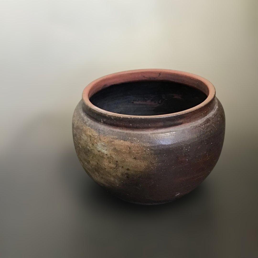 木製漆塗り彫刻蓋付き陶器　古常滑焼　茶道具　水指　骨董品　アンティーク