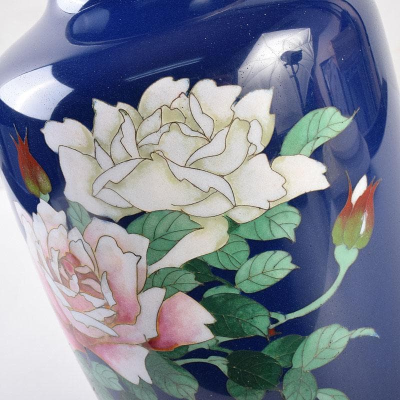 七宝焼　薔薇文　花瓶　唐木台付　時代箱　M　R9058