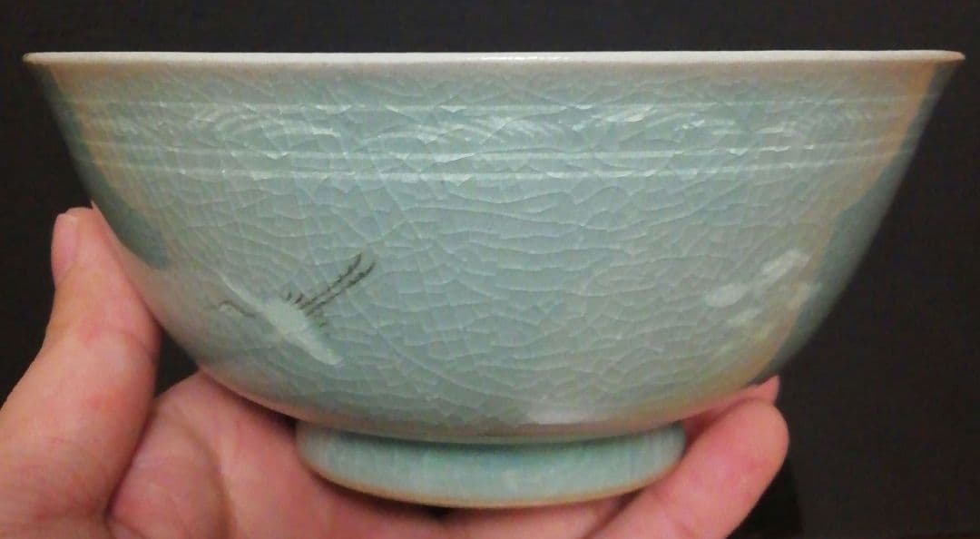人間国宝　柳海剛作　青磁　鶴図　茶碗　共箱　茶道具