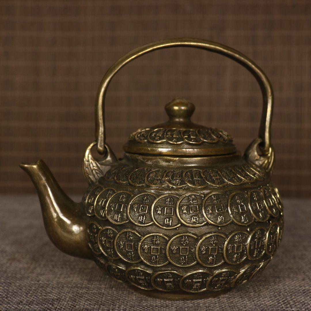 提梁壷 銅銭茶壺 工芸品 美術品 置物