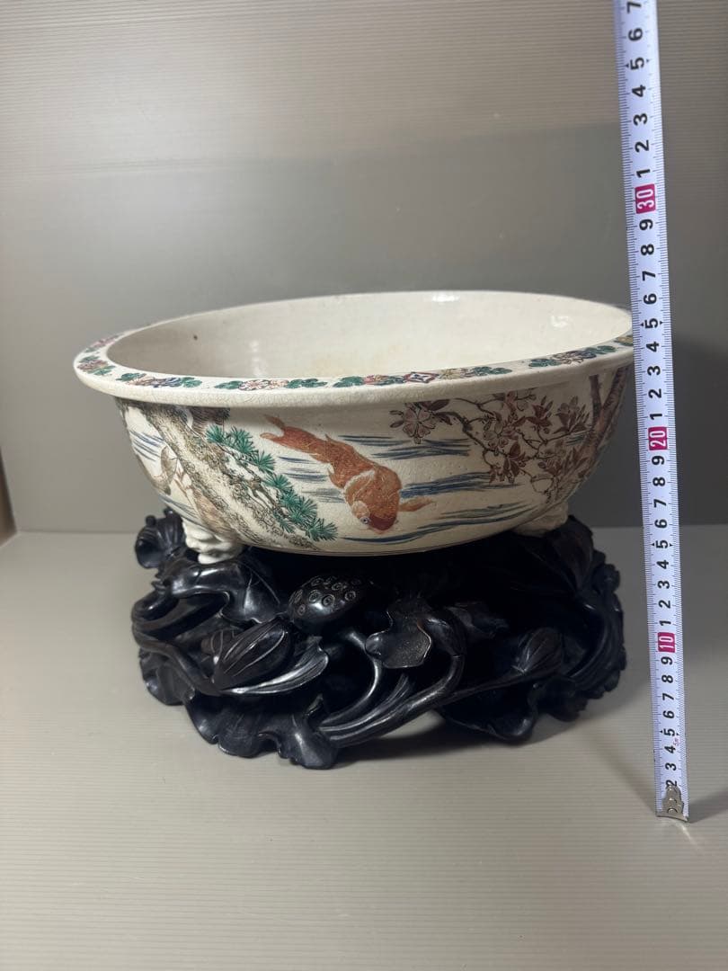 2175 骨董　色絵魚文　金魚鉢　花台付き　根木風　時代物