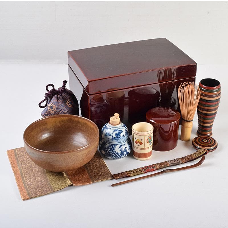 茶道具　春慶塗　利休茶箱　茶碗　振出など　九点　一式　仕覆付　M　R9344