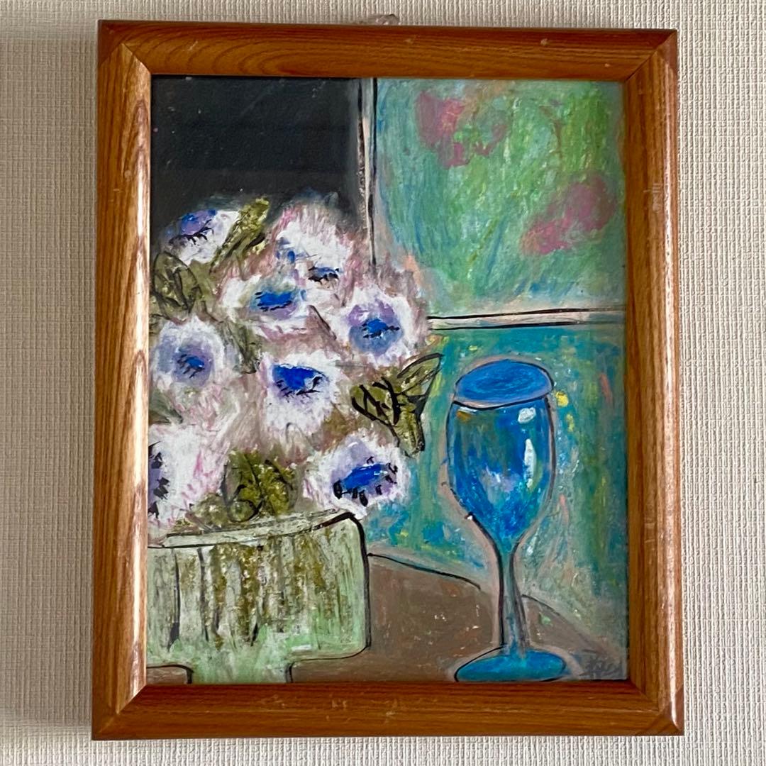 絵画 。壁掛け絵☆【そよ風が吹いてきて、窓の前の花がきれいでグラスがきれいだ】