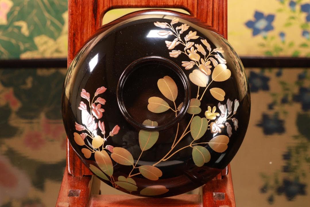 BJ119　時代輪島塗　図替わり　草花蒔絵　吸物椀　五客　木製 懐石 菓子
